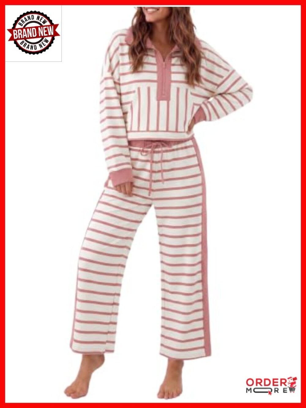 Two-Piece Striped Lounge Set Half Zip Sweatshirt Wide Leg Pants Tracksuit